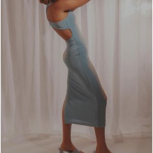 minty blue open back mermaid dress